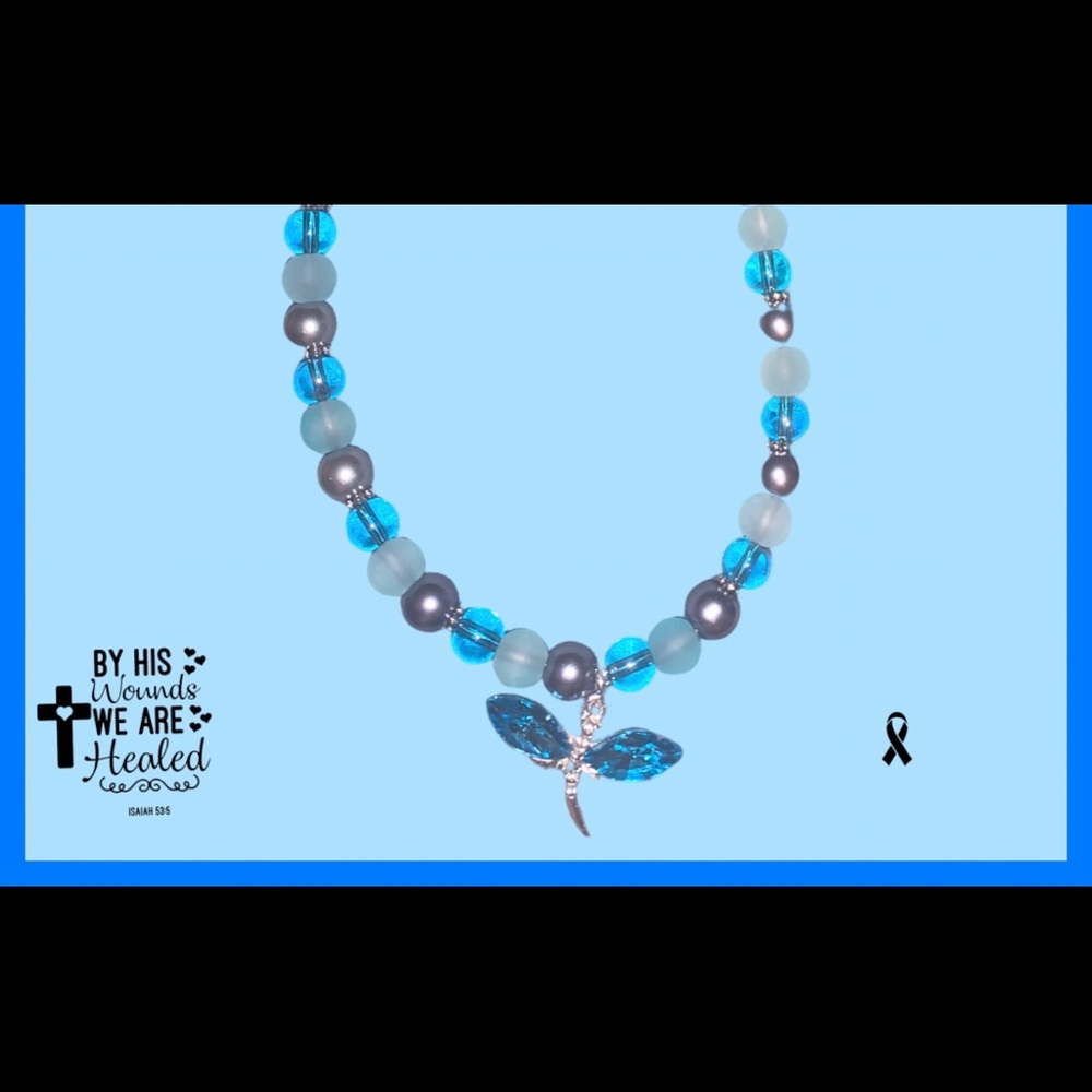 Dragon fly blue and silver flexible adjustable wire necklace